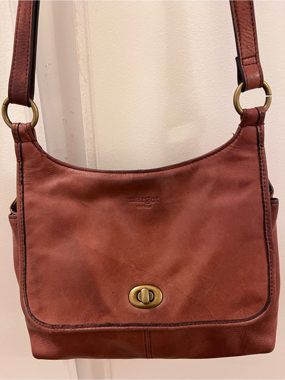Margot New York Rich Brown Leather Crossbody Bag with Brass Turn-Lock